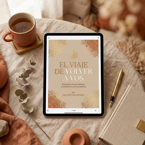 Mockup ebook El Viaje de Volver a Vos en tablet, estética cálida con acentos dorados